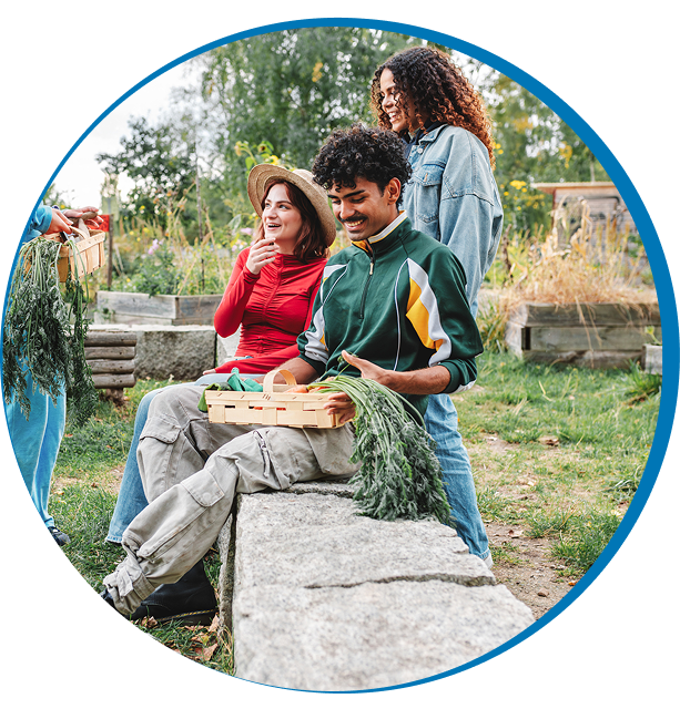 Group harvesting vegetables in a garden