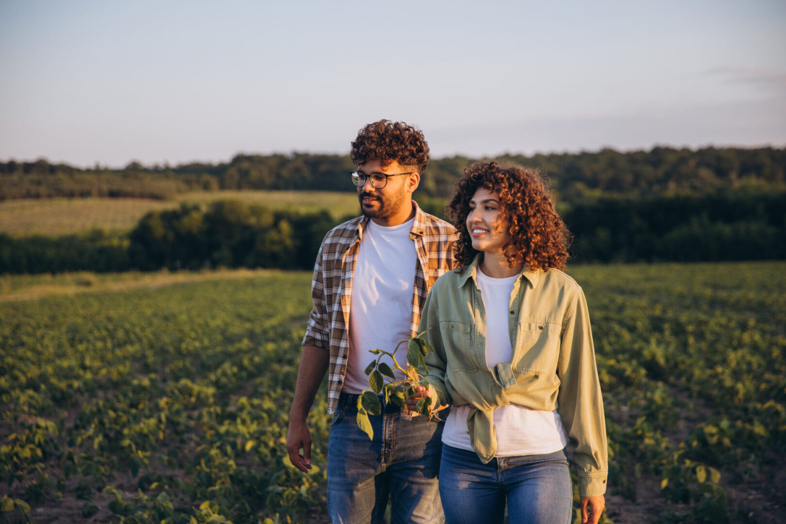 Couple walking in a green field